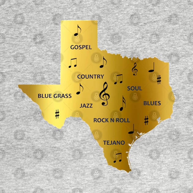 Texas Music notes and genres in a gold Texas State Map by Star58